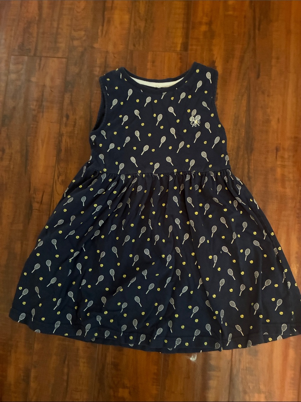 Sleeveless Navy Girls Dress with Tennis Racket Print